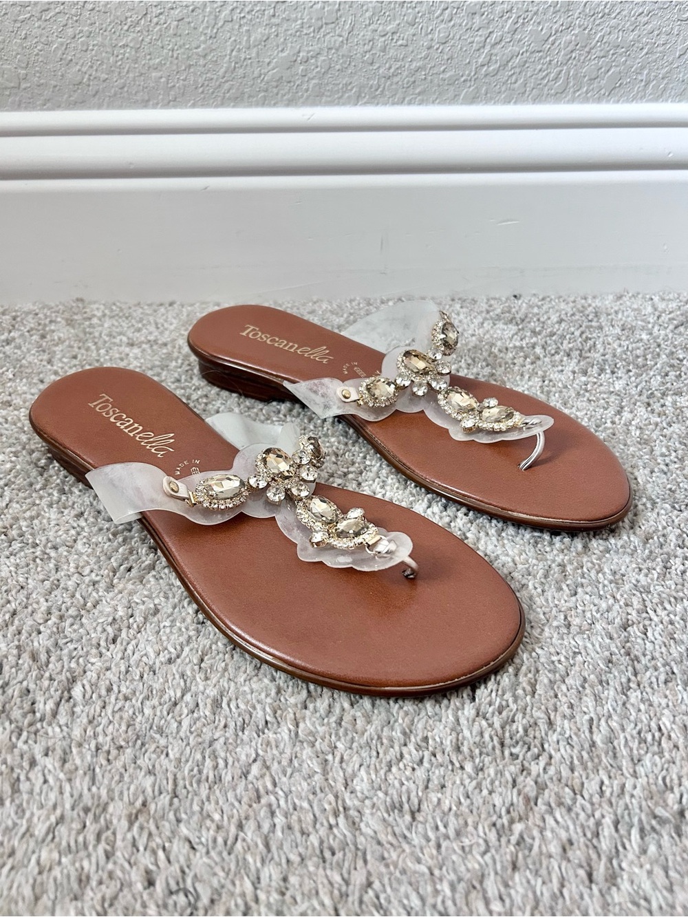Toscanella Women Shoes Sandals Clear Flip Flops Rhinestones Sz 9 Made/Italy